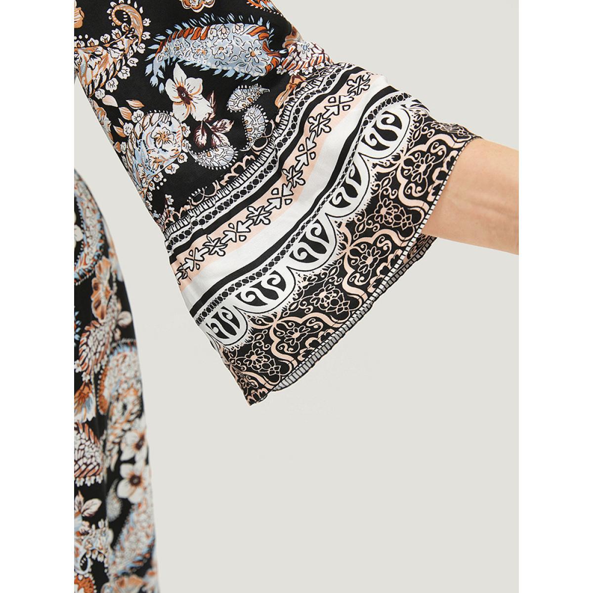 Plus Size Floral & Paisley Print Elastic Waist Button Detail Dress Black Women Vacation Printed V-neck Elbow-length sleeve Curvy Midi Dress BloomChic 28/5X Product Image