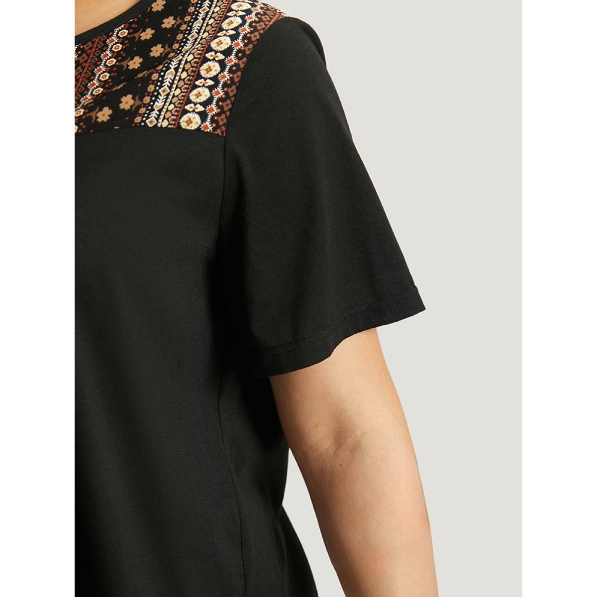 Plus Size Bandana Striped Patchwork Gathered T-shirt Black Women Elegant Printed Bohemian Print Round Neck Dailywear T-shirts BloomChic 12/L Product Image