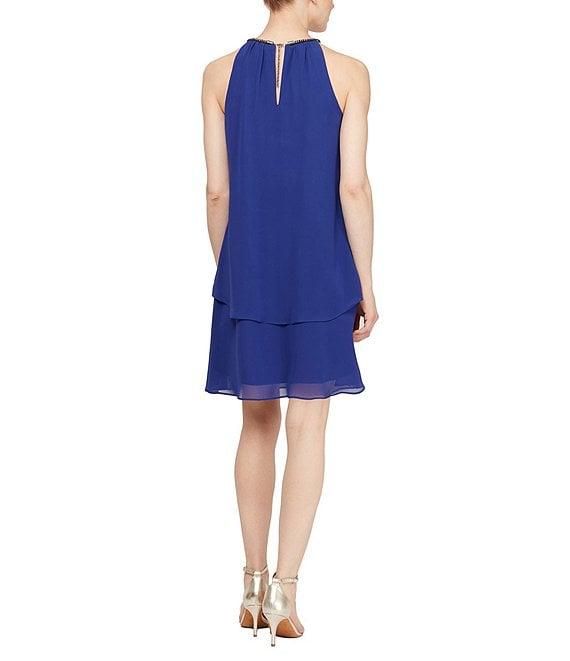 Ignite Evenings Chiffon Sleeveless Embellished Halter Neck Flowy Front Dress Product Image