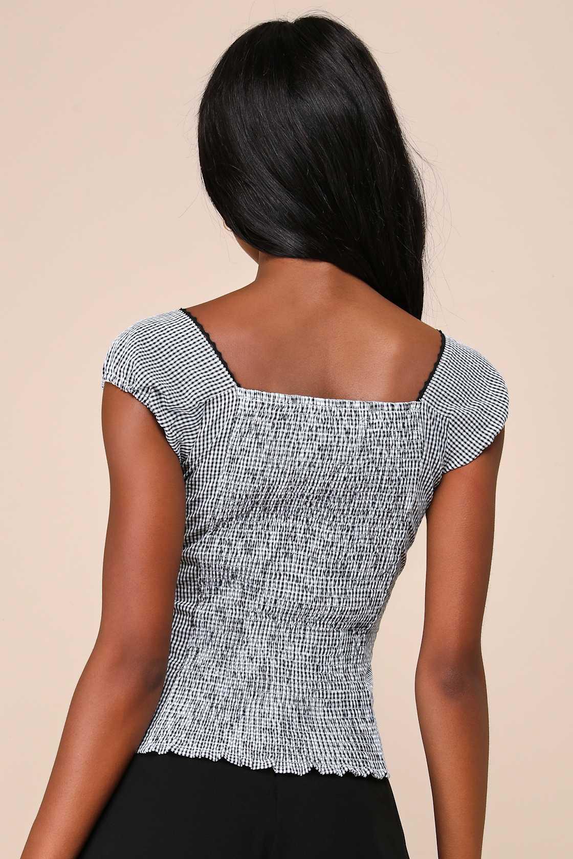 Cottage Black and White Gingham Cap Sleeve Bow Top Product Image