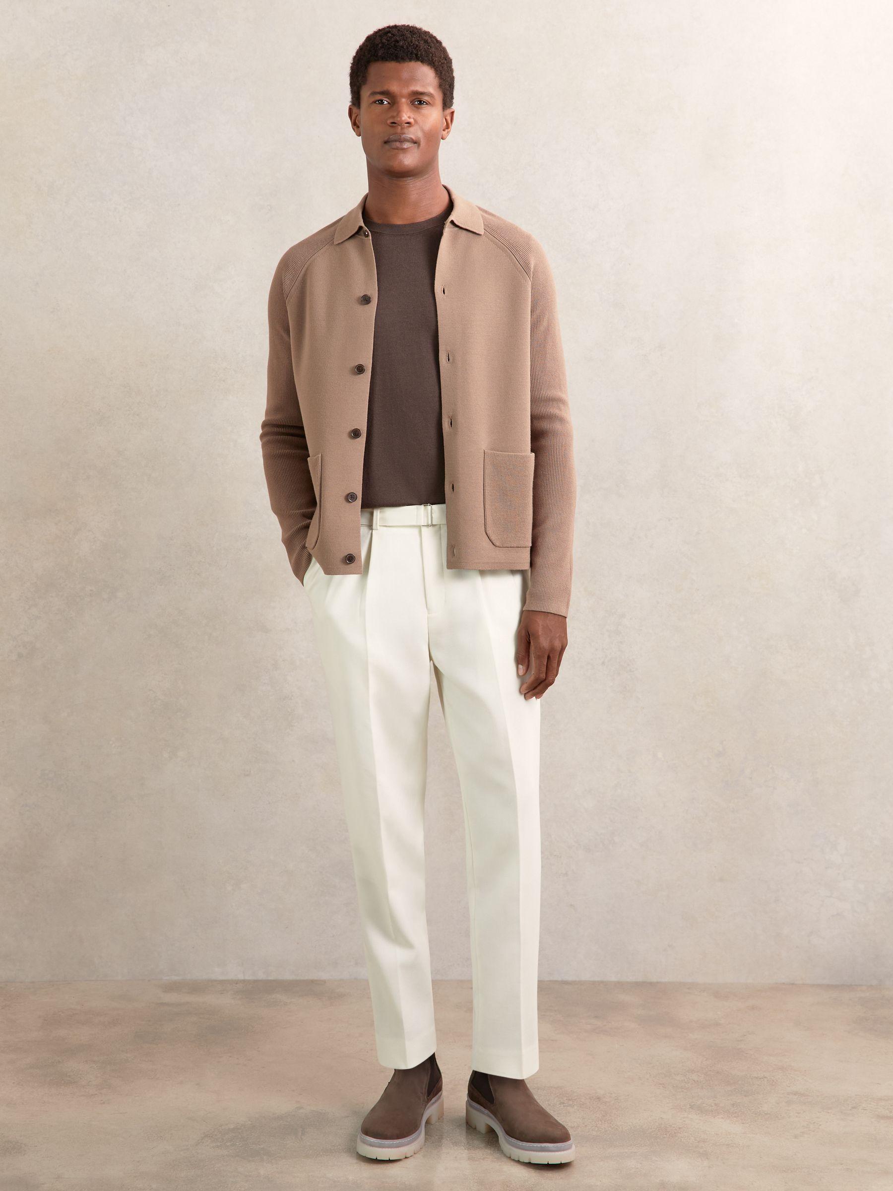 Button-Through Ribbed-Sleeve Shirt in Camel Brown Product Image