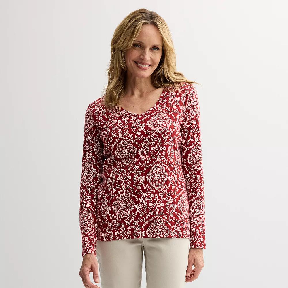 Women's Croft & Barrow® Essential Long Sleeve V-Neck Tee, Size: Medium, Red Medallion Product Image