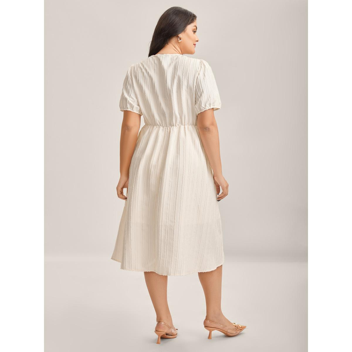 Plus Size Textured V-Neck Pockets Solid Midi Dress Ivory Women V-neck Short sleeve Curvy BloomChic 22-24/3X Product Image