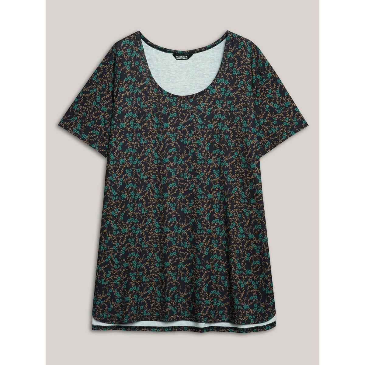 Plus Size Floral Print Round Neck Slit T-Shirt Multicolor Women Elegant Contrast Natural Flowers U-neck Loose Everyday T-shirts BloomChic 28/5X Product Image