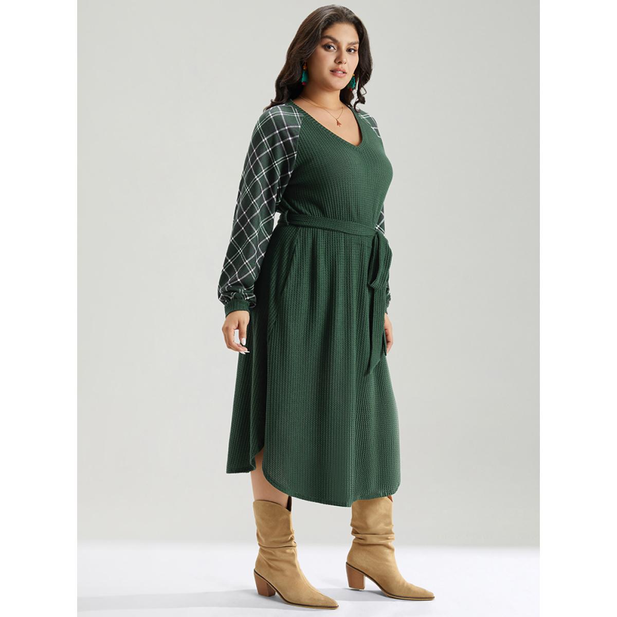Plus Size Waffle Knit Plaid Patchwork Belted Dress DarkGreen Women Elegant Belted V-neck Long Sleeve Curvy Midi Dress BloomChic 10/M Product Image