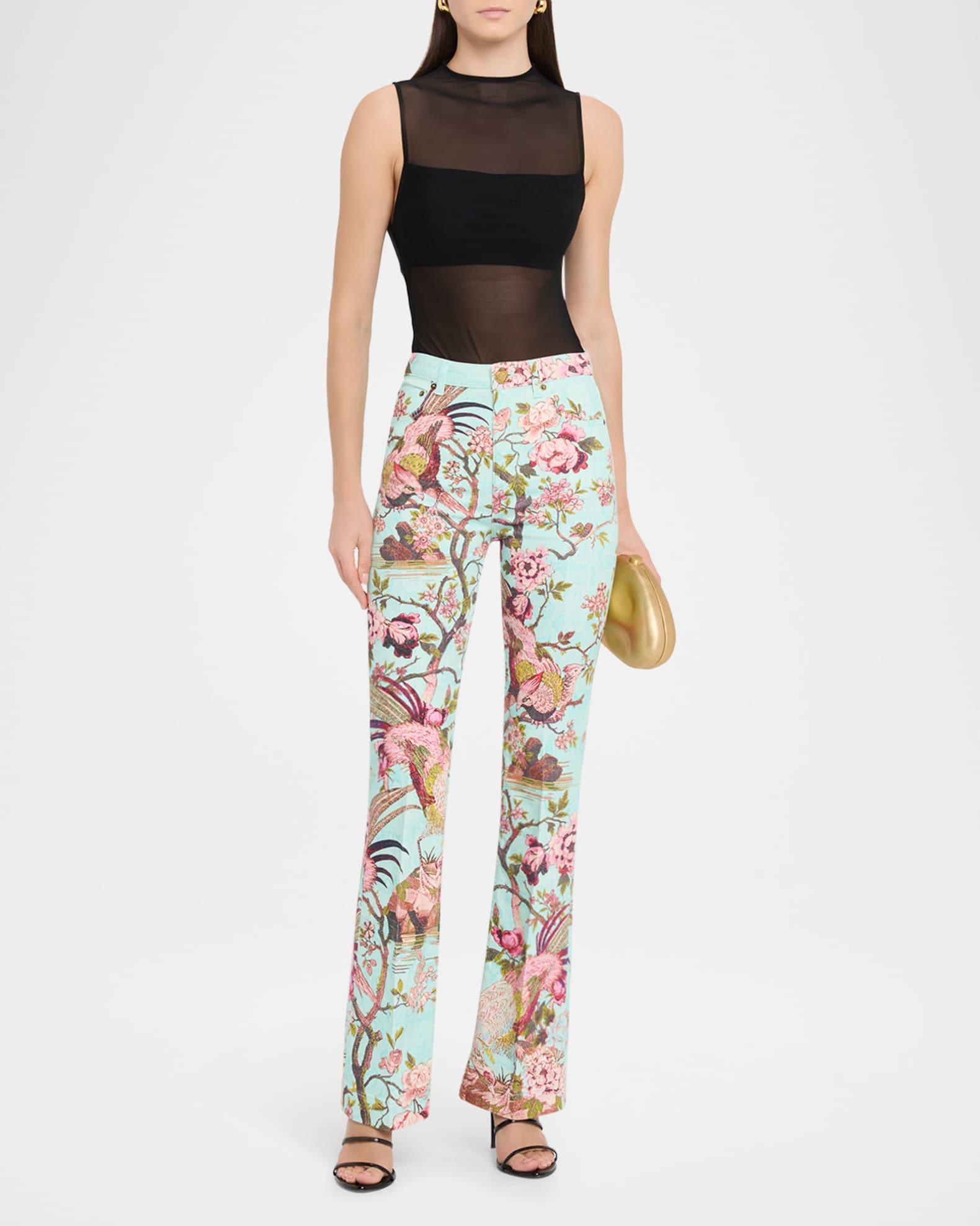 Bird-Print Flared Stretch Cotton Trousers Product Image