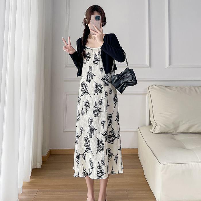 Maternity Spaghetti Strap Floral Midi A-Line Dress / Crop Cardigan / Set Product Image