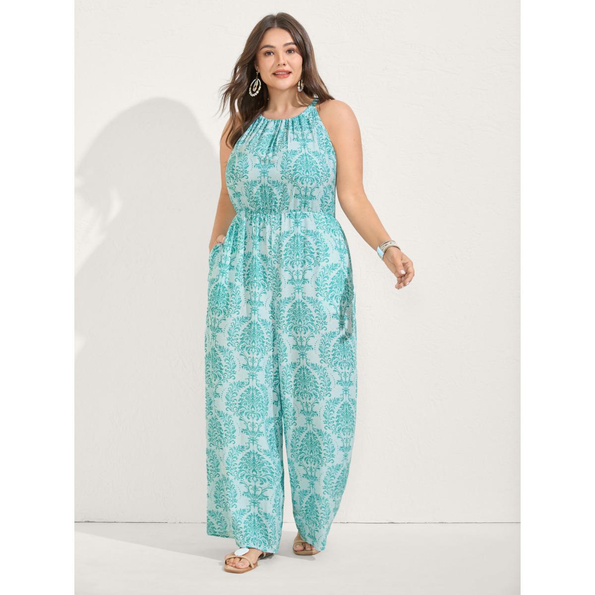 Plus Size Turquoise Rayon Damask Print Stretchy Waist Jumpsuit Women Boho Sleeveless Halter neck Vacation Loose Jumpsuits BloomChic 28/5X Product Image