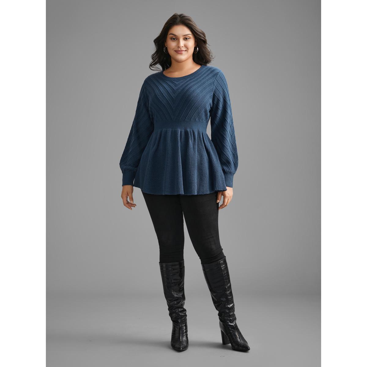 Plus Size Crew Neck Plain Textured Lantern Sleeve Pullover Indigo Women Casual Bodycon Long Sleeve Round Neck Everyday Pullovers BloomChic 14-16/1X Product Image
