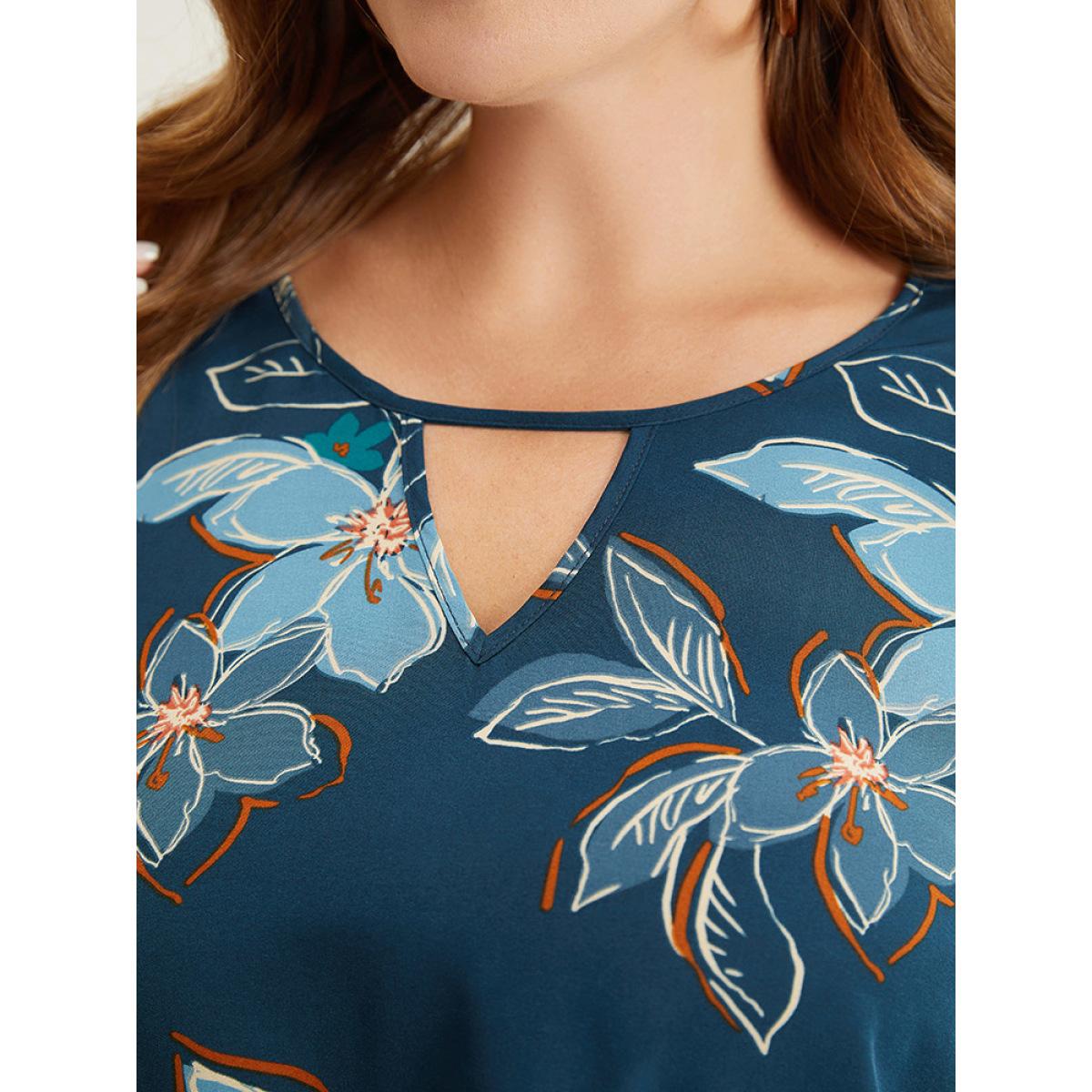 Plus Size Aegean Floral Print Keyhole Neck Split Bell Sleeve Blouse Women Elegant Elbow-length sleeve Round Neck Dailywear Blouses BloomChic 18-20/2X Product Image