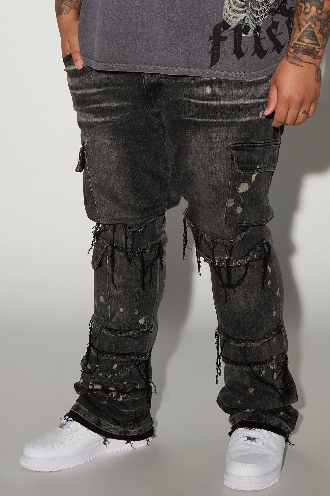 Side Snap Cargo Stacked Skinny Flare Jeans - Black Wash Product Image