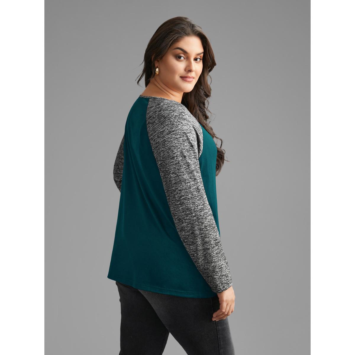 Plus Size Heather Patchwork Button Detail Stretchy T-Shirt Cyan Women Casual Contrast Flat collar with V-notch Everyday T-shirts BloomChic 18-20/2X Product Image