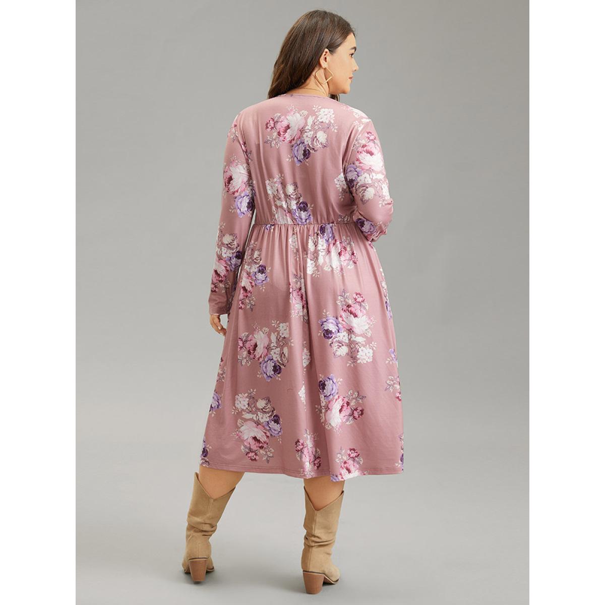 Plus Size Floral Wrap Pleated Elastic Waist Ruched Dress DustyPink Women Casual Wrap Overlap Collar Long Sleeve Curvy Midi Dress BloomChic 10/M Product Image