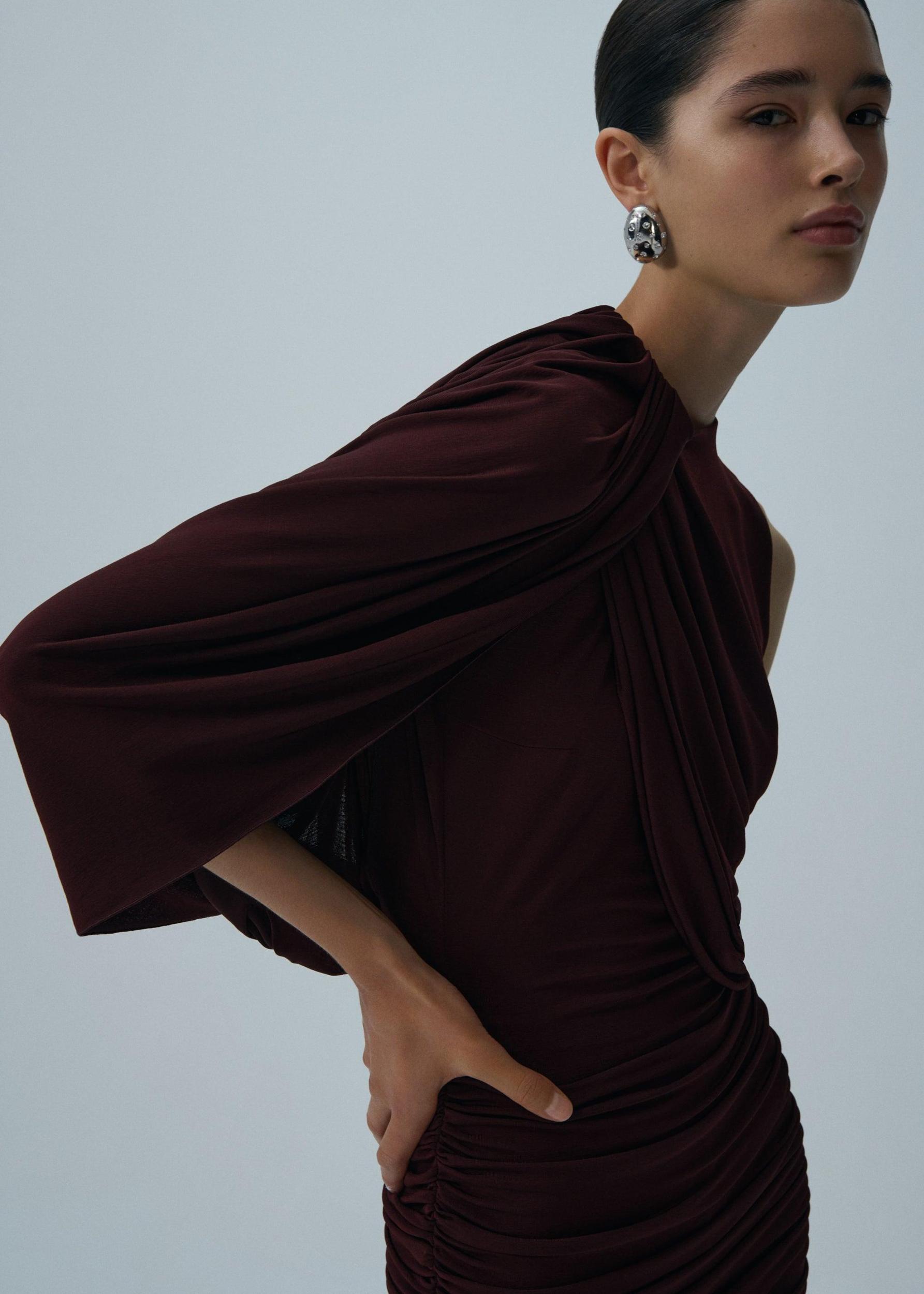 Asymmetrical draped mini dress in bordeaux Product Image