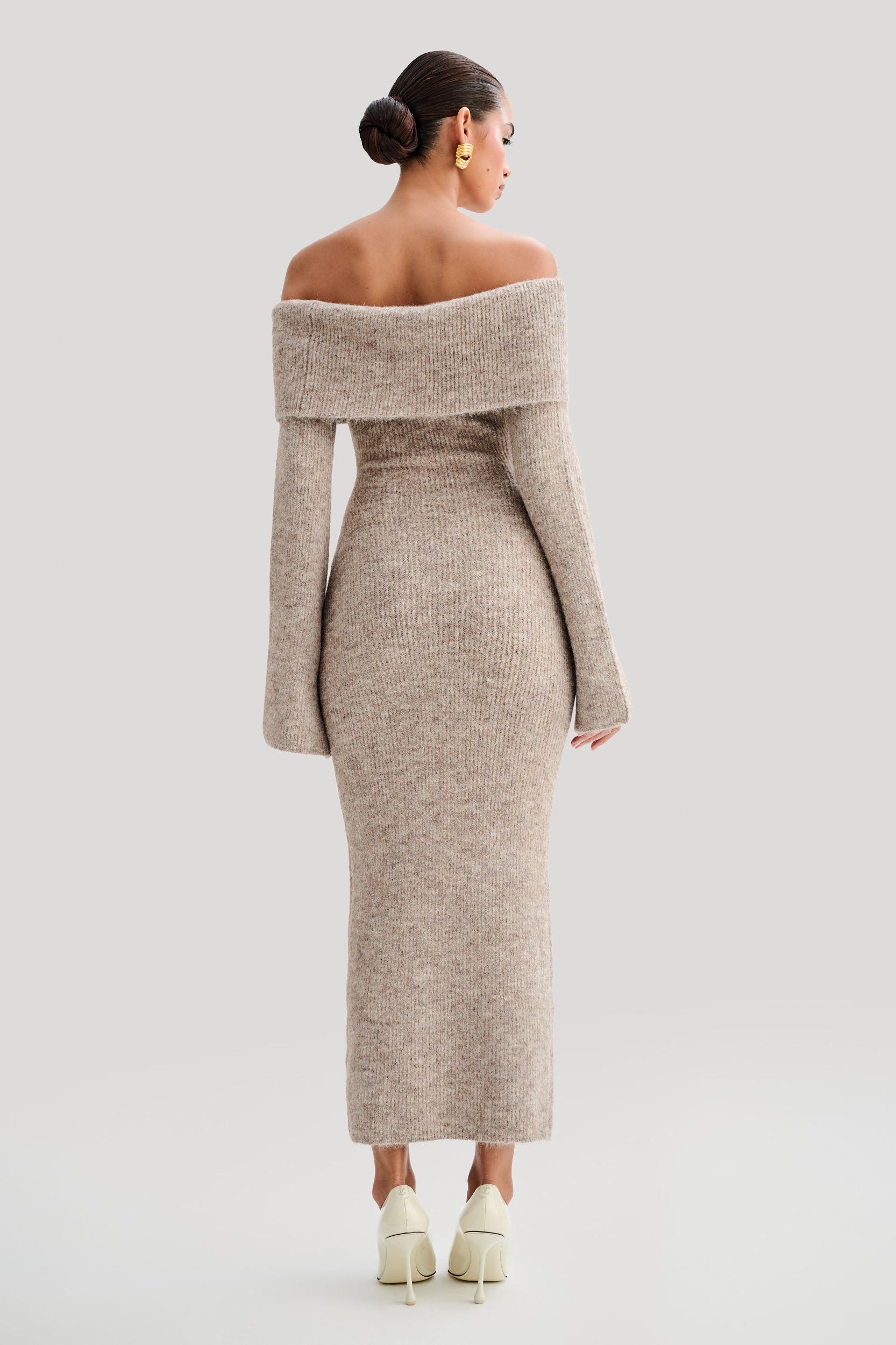 Baxter Off Shoulder Fluffy Knit Midi Dress - Taupe Marle Product Image