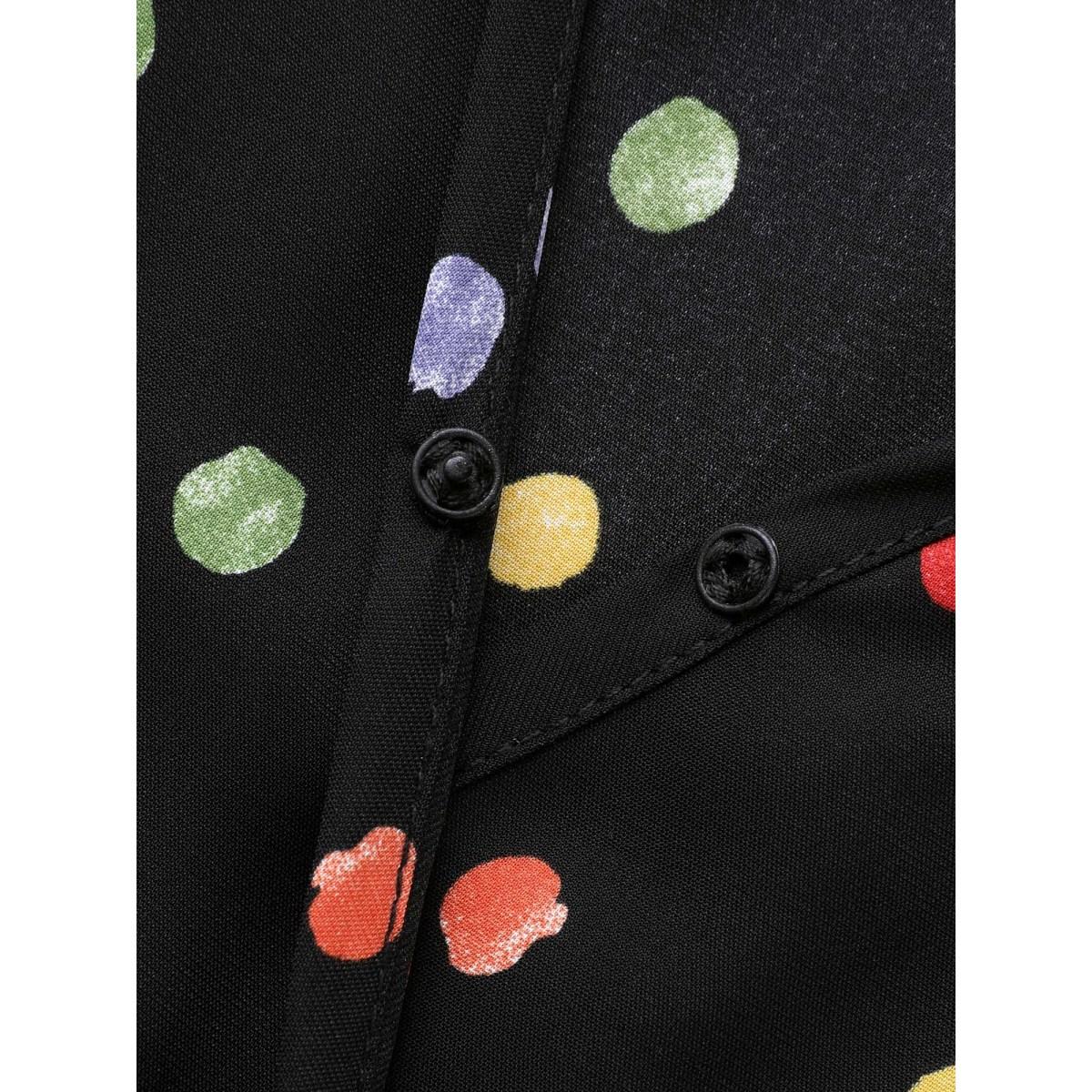 Plus Size Overlap Collar Color Polka Dot Dress Black Women Elegant Gathered Overlap Collar Long Sleeve Curvy BloomChic 18-20/2X Product Image