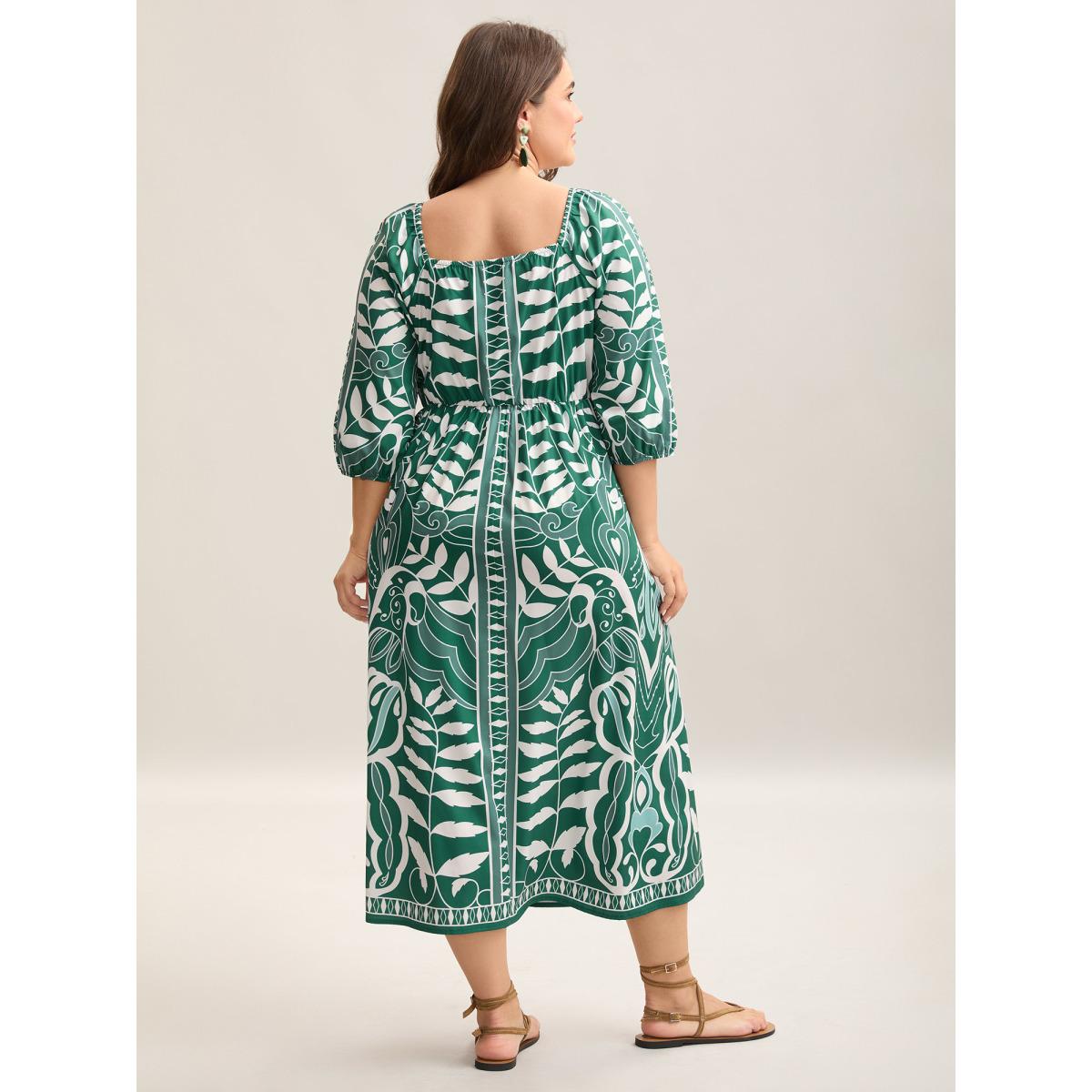 Plus Size Leafy Print Puff Sleeve Pockets Midi Dress Emerald Women Heart neckline Elbow-length sleeve Curvy BloomChic 28/5X Product Image