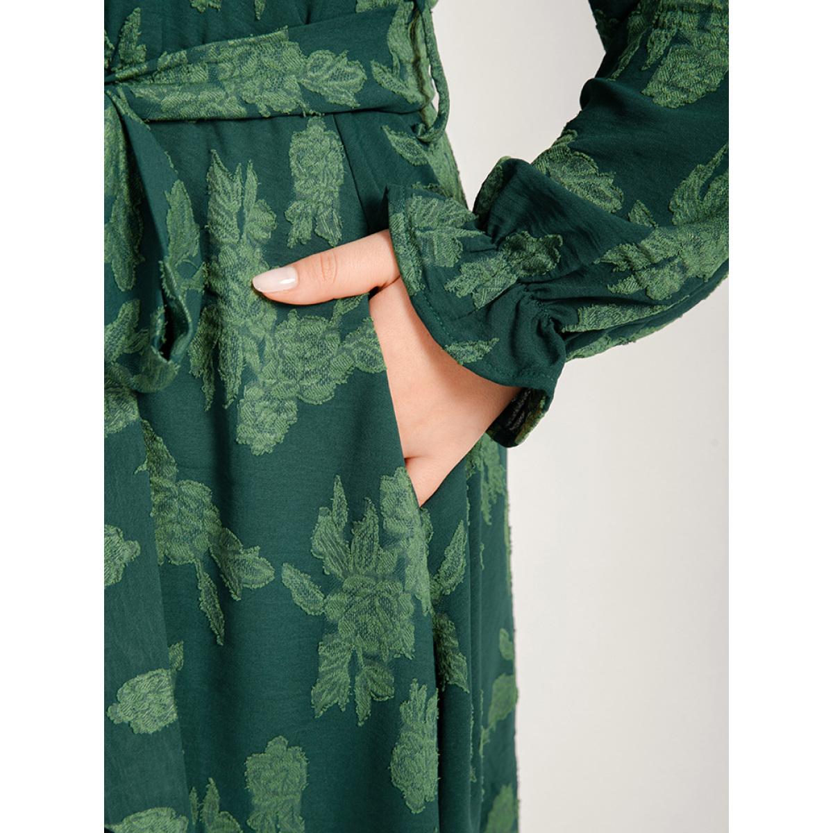 Plus Size Floral Print Lantern Sleeve Pocket Belted Midi Dress Green Women Elegant Pocket V-neck Long Sleeve Curvy Midi Dress BloomChic 18-20/2X Product Image