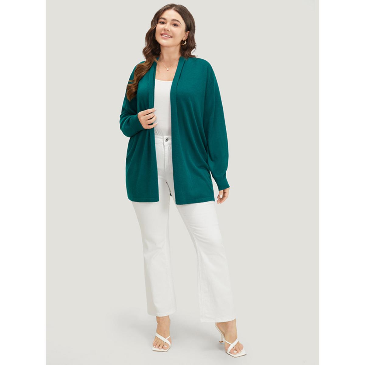 Plus Size Supersoft Essentials Plain Open Front Elastic Cuffs Cardigan Cyan Women Casual Long Sleeve Everyday Cardigans BloomChic 10/M Product Image