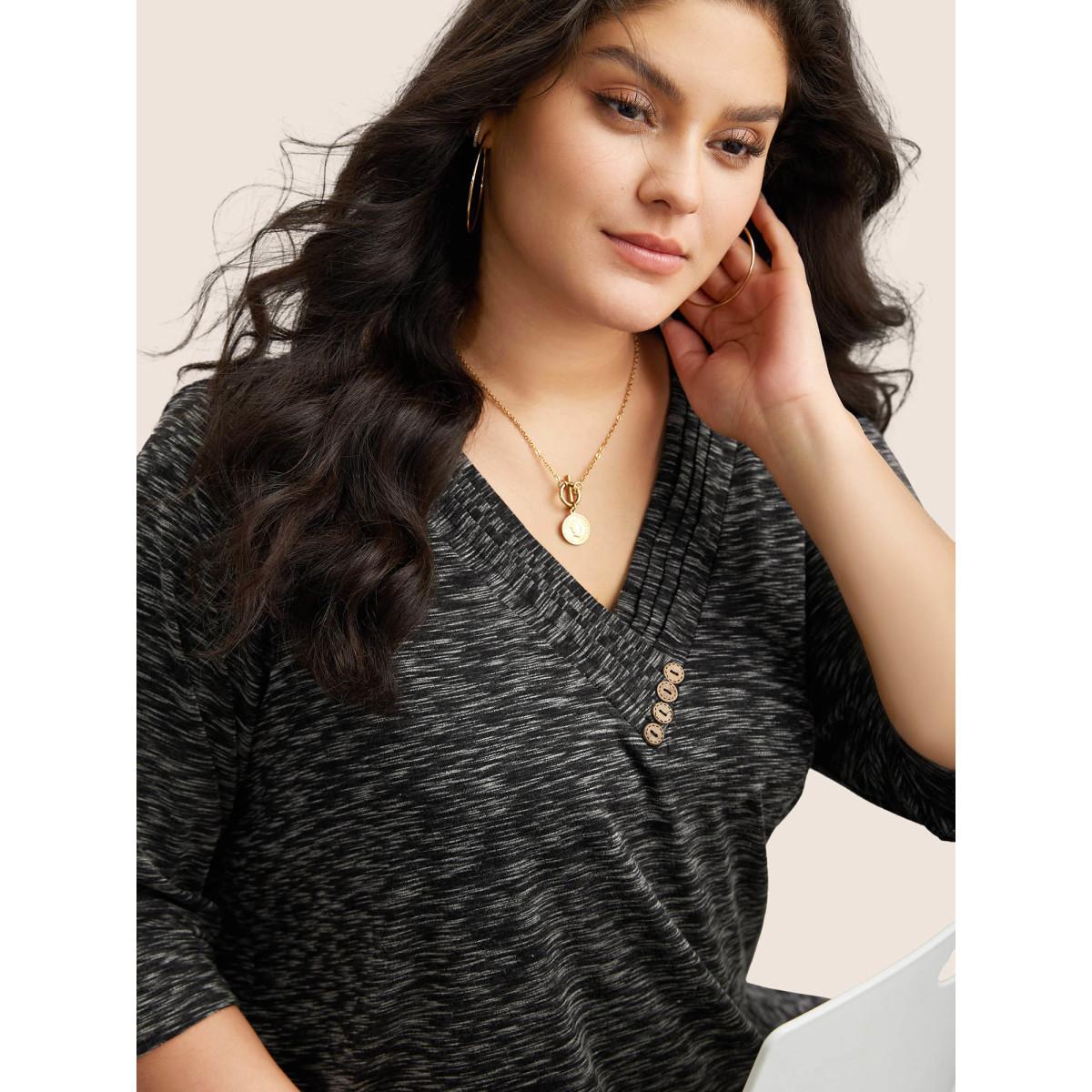 Plus Size Heather Pleated Button Detail T-shirt Black Women Leisure Pleated Plain V-neck Casual T-shirts BloomChic 28/5X Product Image
