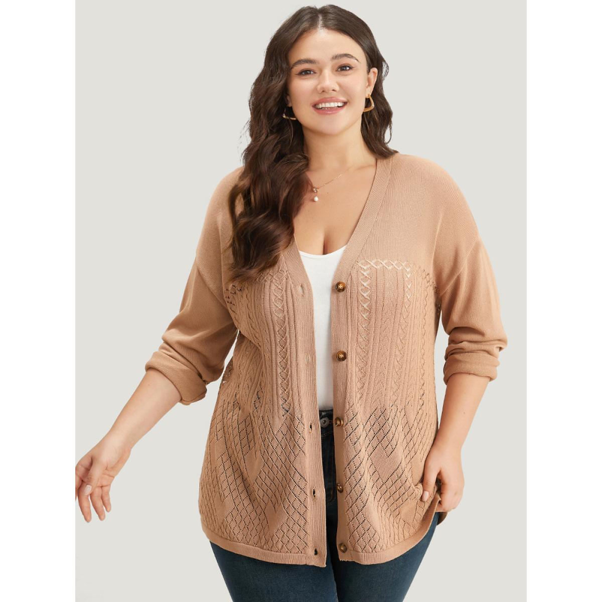 Plus Size Geometric Hollow Out Button Up Cardigan Tan Women Casual Loose Long Sleeve Everyday Cardigans BloomChic 18-20/2X Product Image
