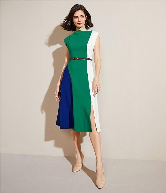 Donna Karan Color Block Boat Neck Cap Sleeve Belted Cady Crepe A-Line Midi Dress Product Image