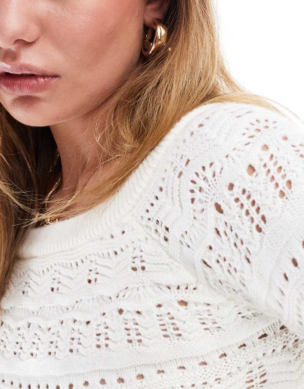 Bershka slouchy cable knit off the shoulder top in ecru Product Image