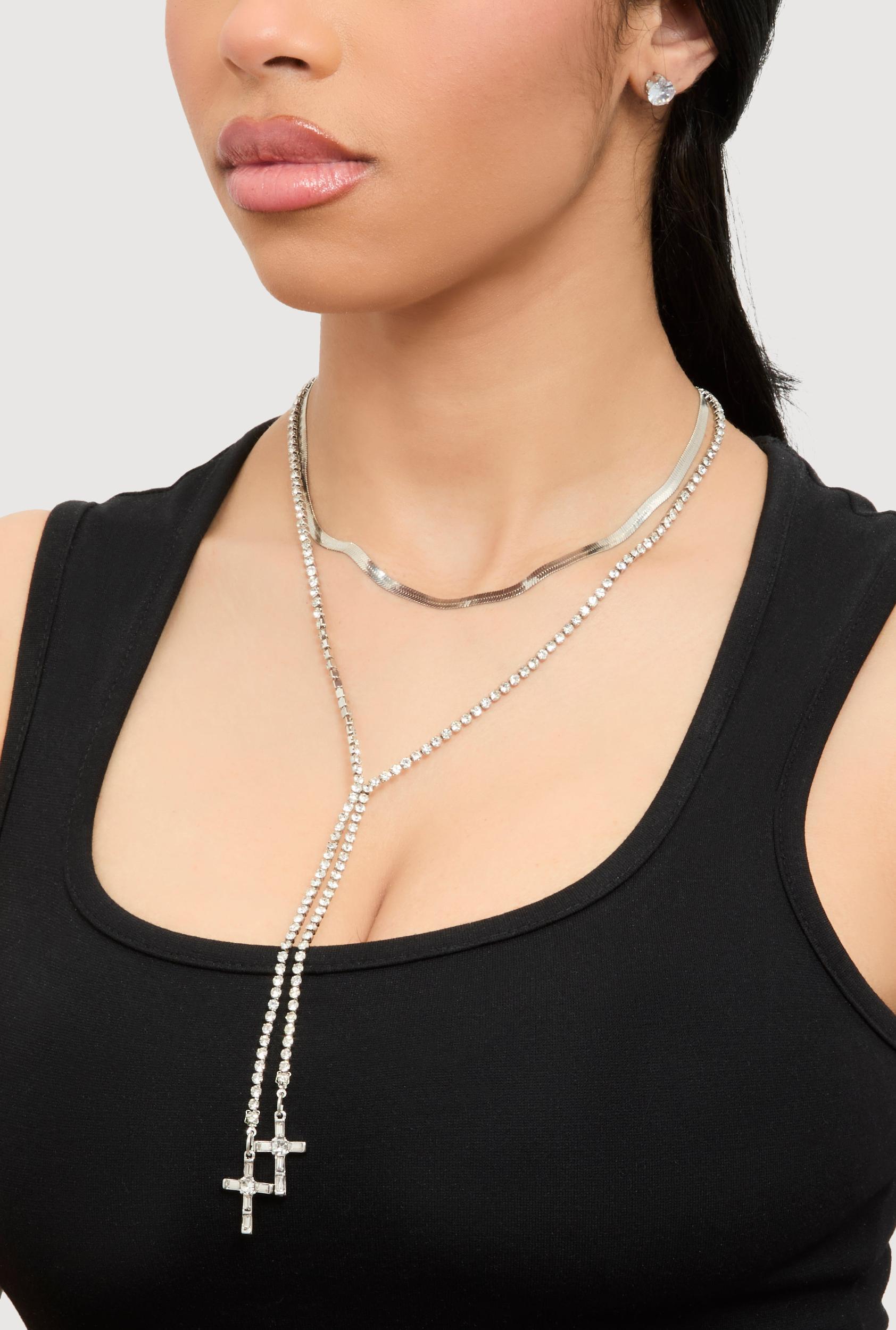 Cross Lariat Necklace and Stud Earrings Unisex Product Image