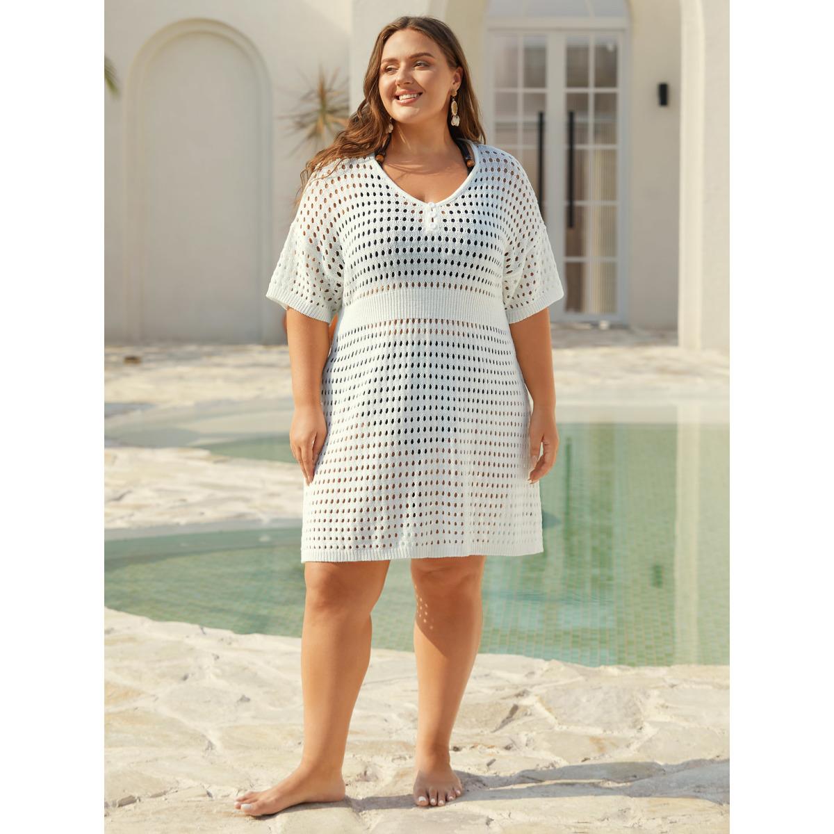 Plus Size Cut-Out Waist-Cinched Button Swim Cover-Up Women's Swimwear Ivory Beach Loose Cut-Out Curve Swim Cover Ups BloomChic 22-24/3X Product Image