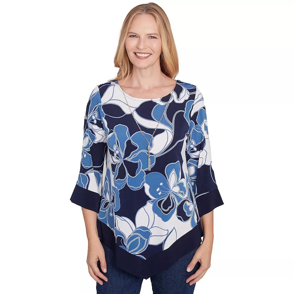 Petite Alfred Dunner Abstract Bold Floral Patchwork Top with Necklace, Women's, Size: Small Petite, Blue Product Image