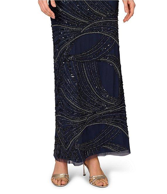 Aidan Mattox Beaded Mesh Short Sleeve Column Long Gown Product Image