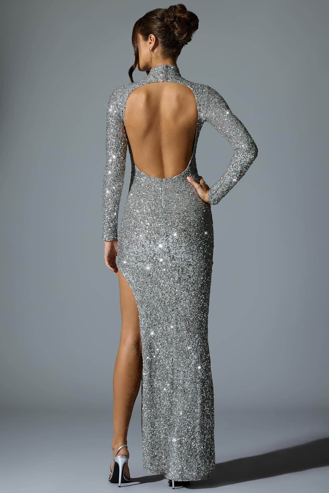 Embellished Open-Back Gown in Silver Product Image