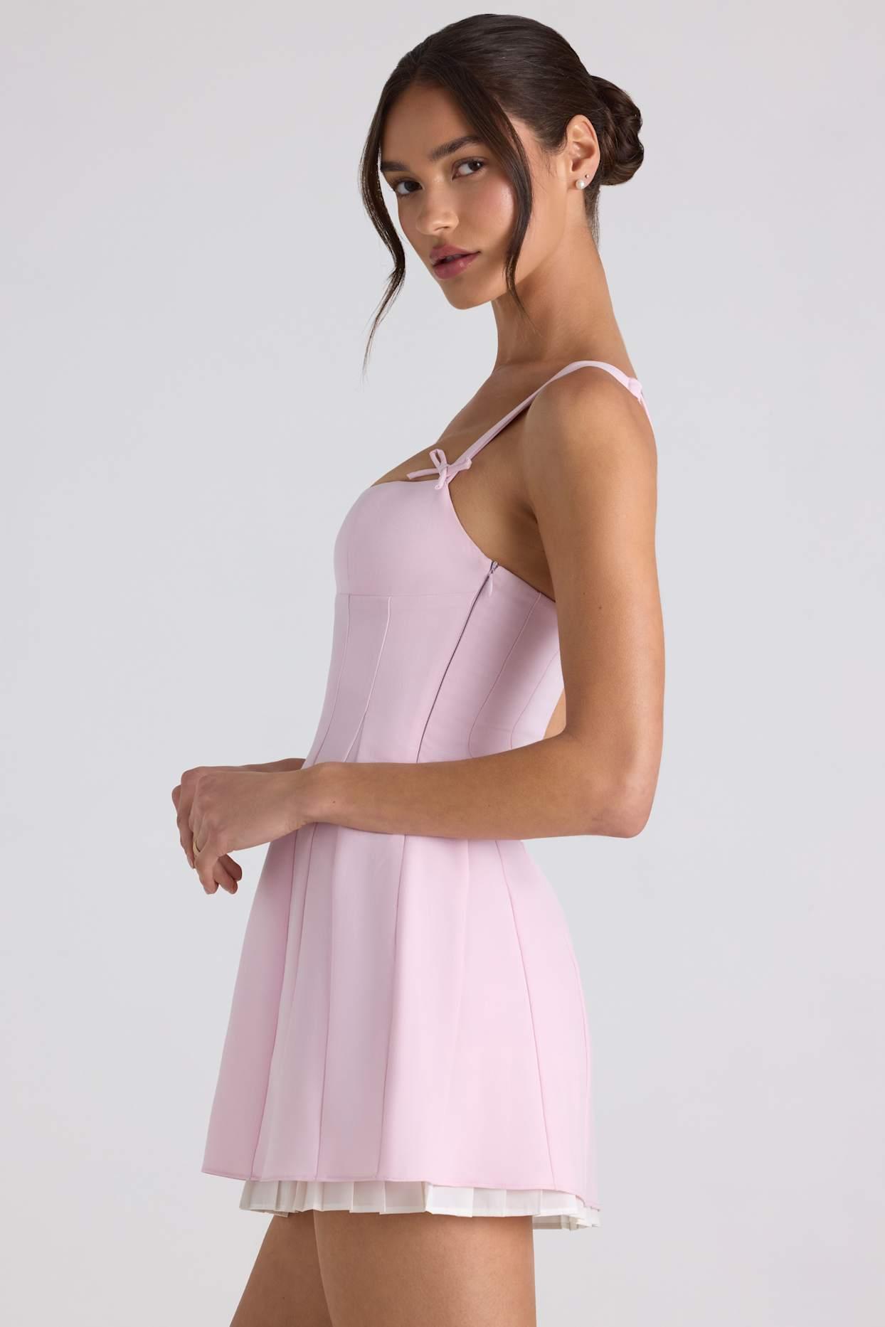 Bow-Detail Pleated A-Line Mini Dress in Soft Pink Product Image