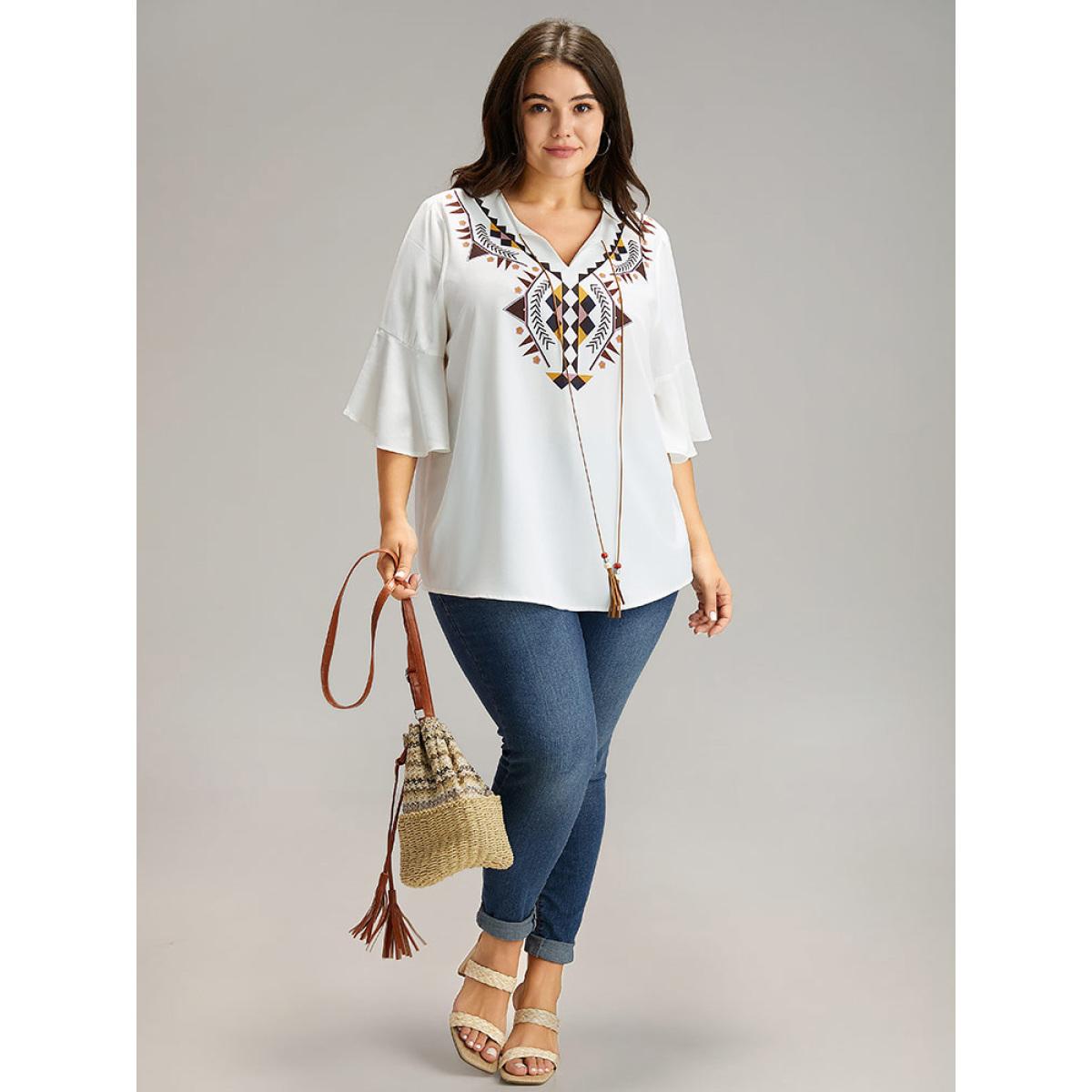 Plus Size White Bandana Patchwork Tassel Trim Flutter Sleeve Blouse Women Vacation Half Sleeve Tie Neck Vacation Blouses BloomChic 14-16/1X Product Image