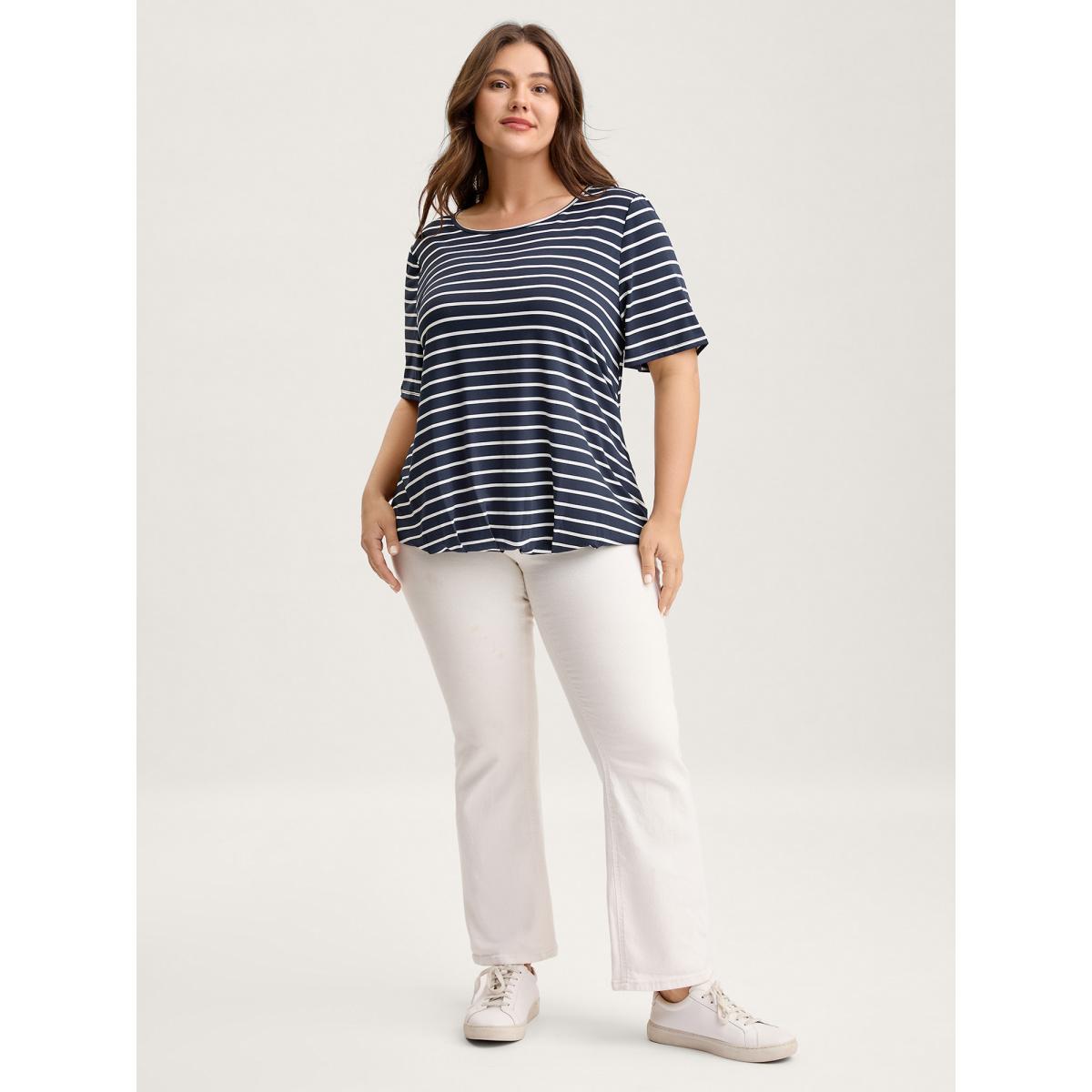 Plus Size Striped Relaxed Fit Round Neck T-Shirt Indigo Women Pleated Round Neck Everyday-Casual T-shirts BloomChic 14-16/1X Product Image