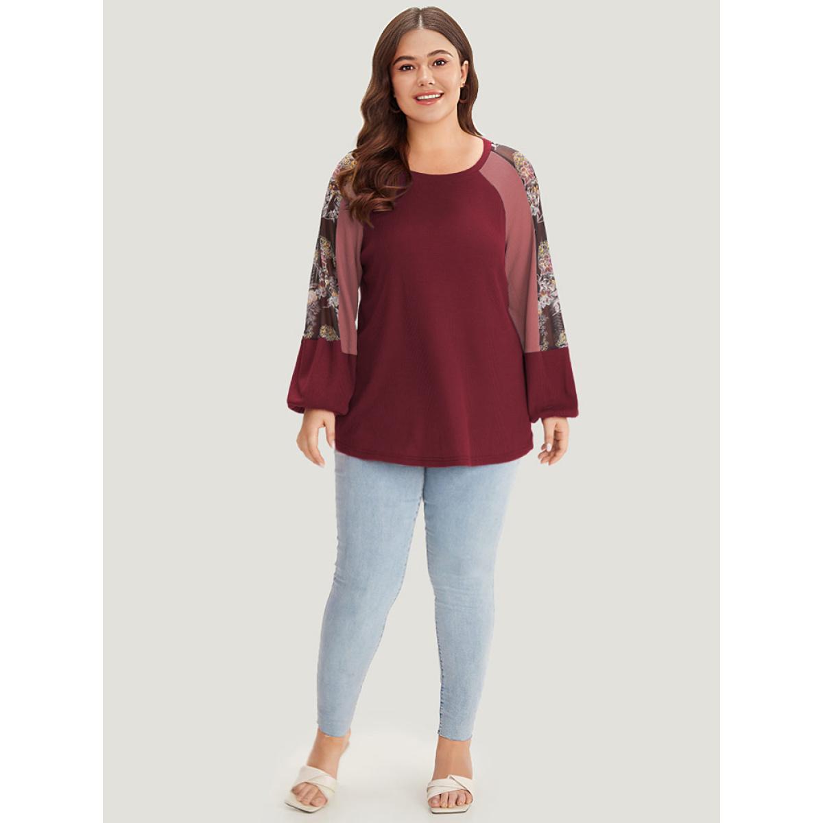 Plus Size Floral Mesh Patchwork Lantern Sleeve Sweatshirt Women Scarlet Elegant Patchwork Round Neck Dailywear Sweatshirts BloomChic 12/L Product Image