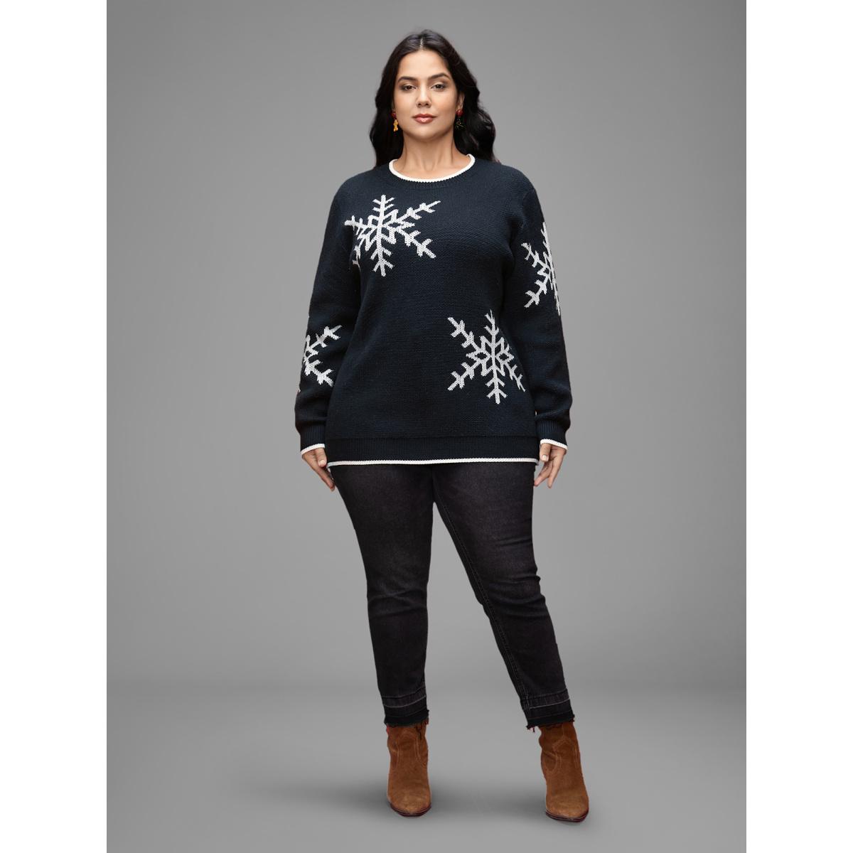 Plus Size Snowflakes Pattern Contrasting Hem Pullover Indigo Women Casual Loose Long Sleeve Round Neck Everyday Pullovers BloomChic 12/L Product Image
