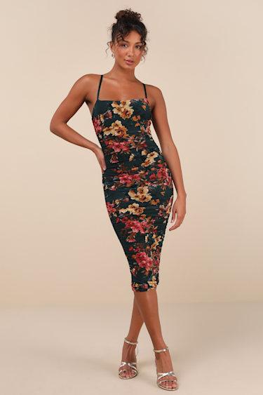 Date Night Beauty Dark Green Floral Print Mesh Ruched Midi Dress Product Image