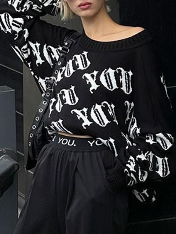 Street Irregular Jacquard Crew Neck Sweater Product Image