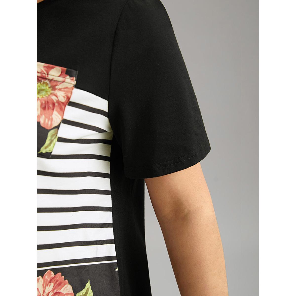 Plus Size Floral Striped Patchwork Patched Pocket T-shirt Black Women Casual Printed Striped Round Neck Dailywear T-shirts BloomChic 26/4X Product Image