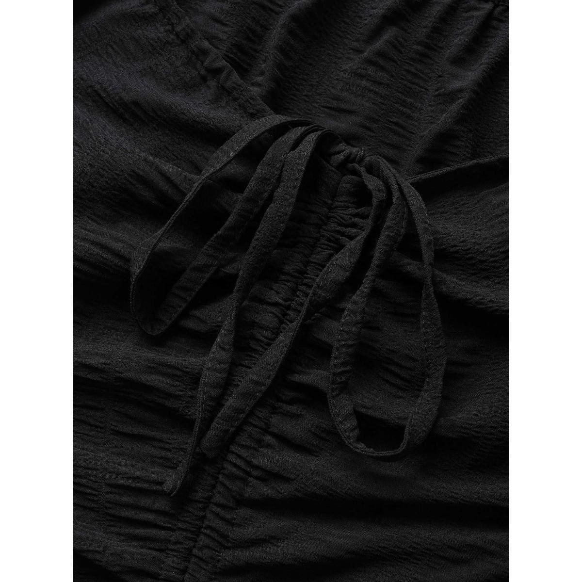 Plus Size Plain Ruched Drawstring Pocket Ruffle Tiered Dress Black Women Elegant Non V-neck Short sleeve Curvy Midi Dress BloomChic 22-24/3X Product Image