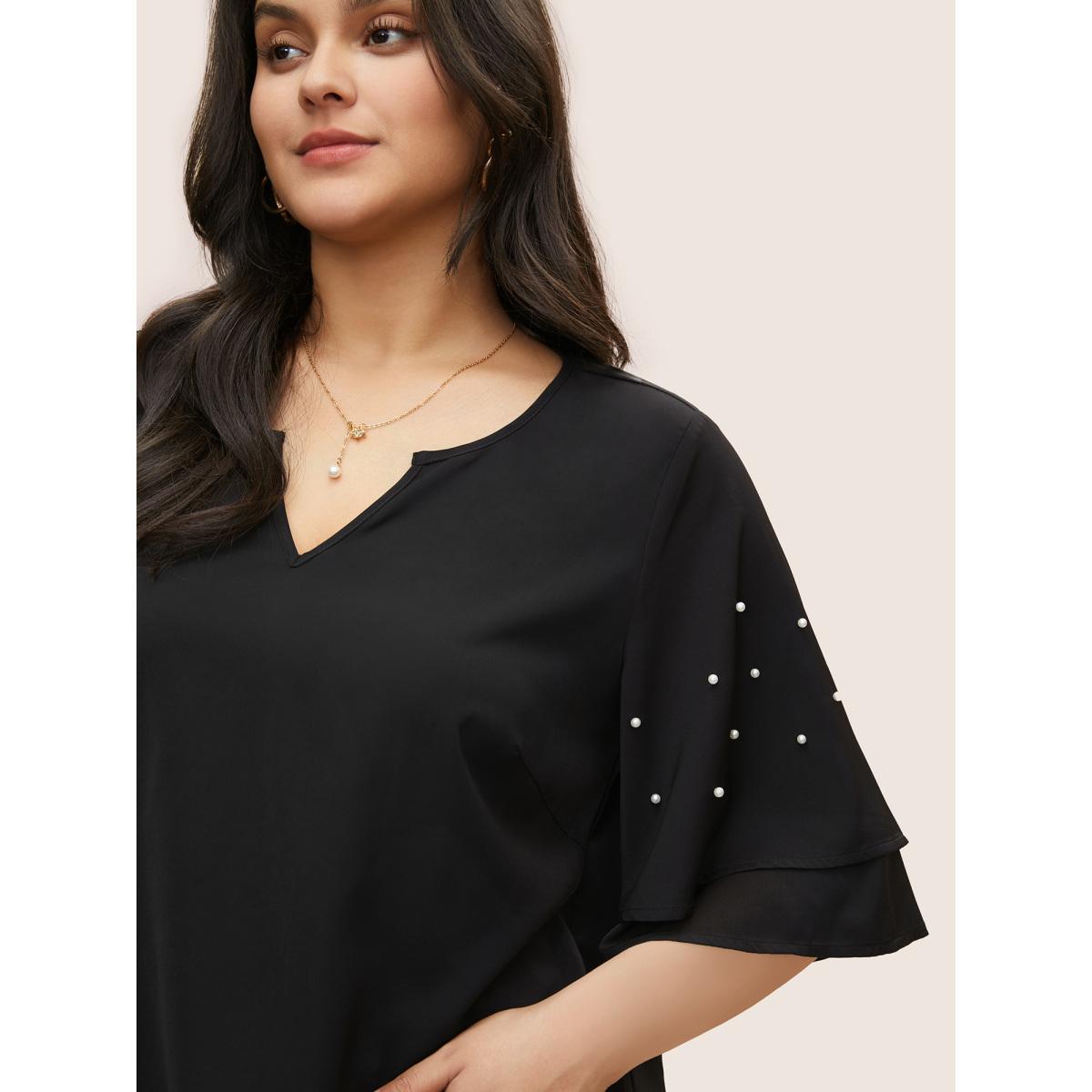 Plus Size Black Solid Pearl Beaded Ruffle Layered Sleeve Blouse Women Elegant Short sleeve V-neck Everyday Blouses BloomChic 12/L Product Image