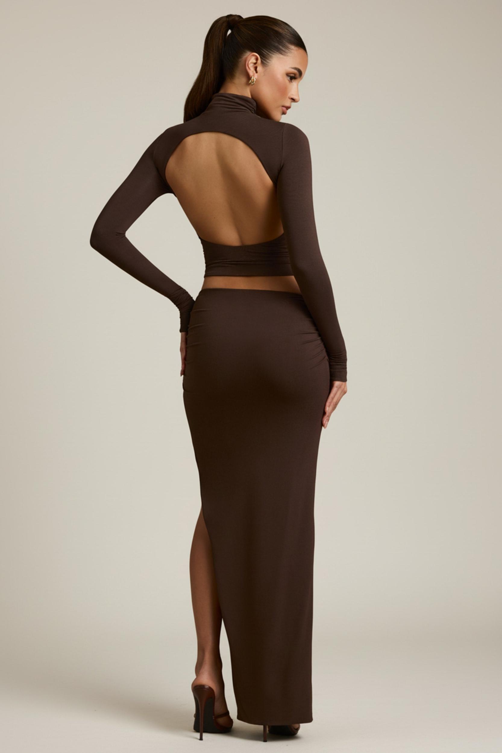 Modal Asymmetric-Waist Maxi Skirt in Chocolate Brown Product Image