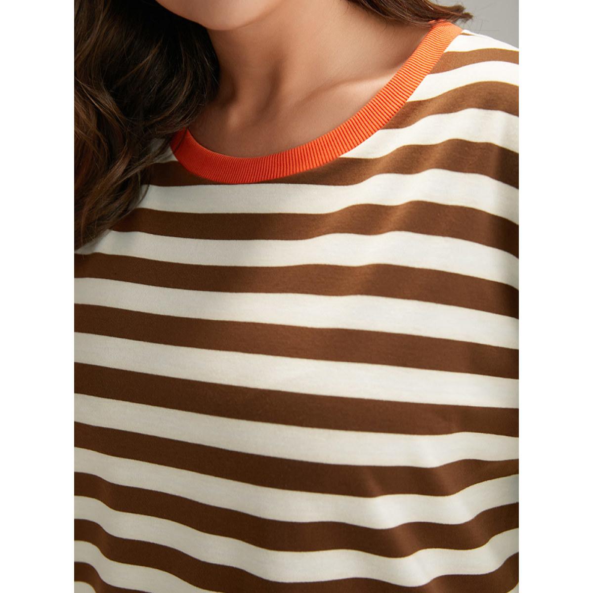 Plus Size Striped Contrast Elastic Cuffs Crew Neck Sweatshirt Women Maroon Casual Elastic cuffs Round Neck Dailywear Sweatshirts BloomChic 14-16/1X Product Image