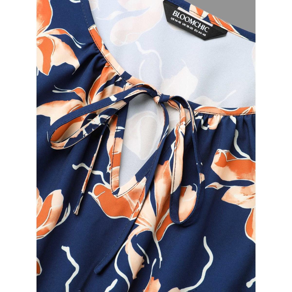 Plus Size Tropical Flower Print Pockets Waist-Tie Midi Dress Navy Women Elegant Tie knot Round Neck Long Sleeve Curvy BloomChic 28/5X Product Image
