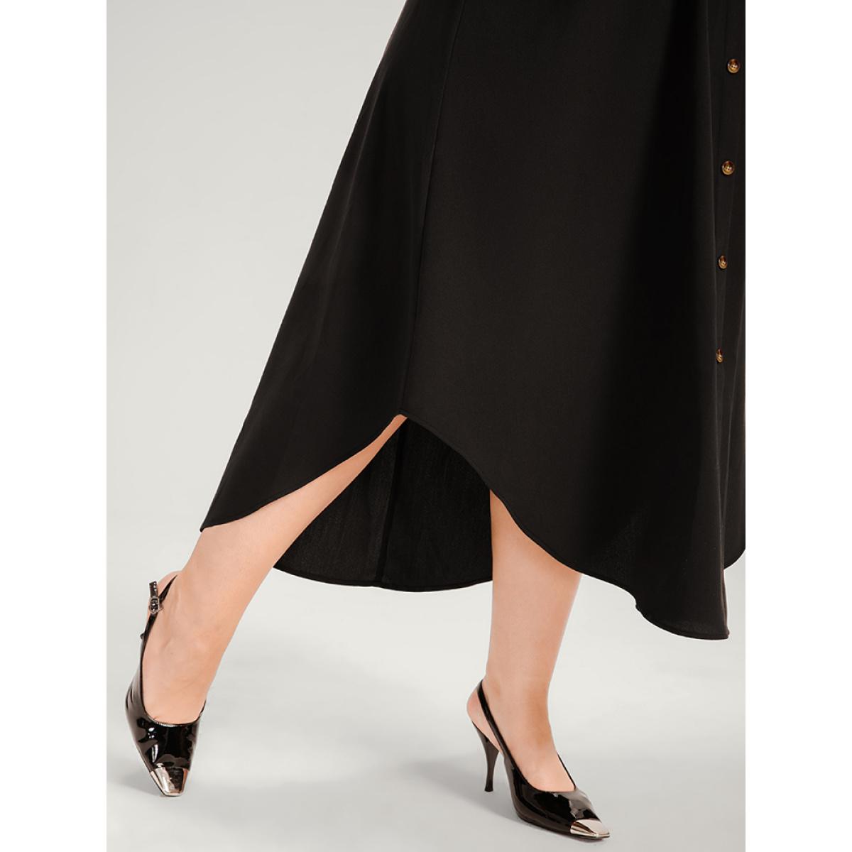 Plus Size Solid Shirt Collar Button Up Belted Arc Hem Dress Black Women Office Belted Shirt collar Long Sleeve Curvy Midi Dress BloomChic 22-24/3X Product Image