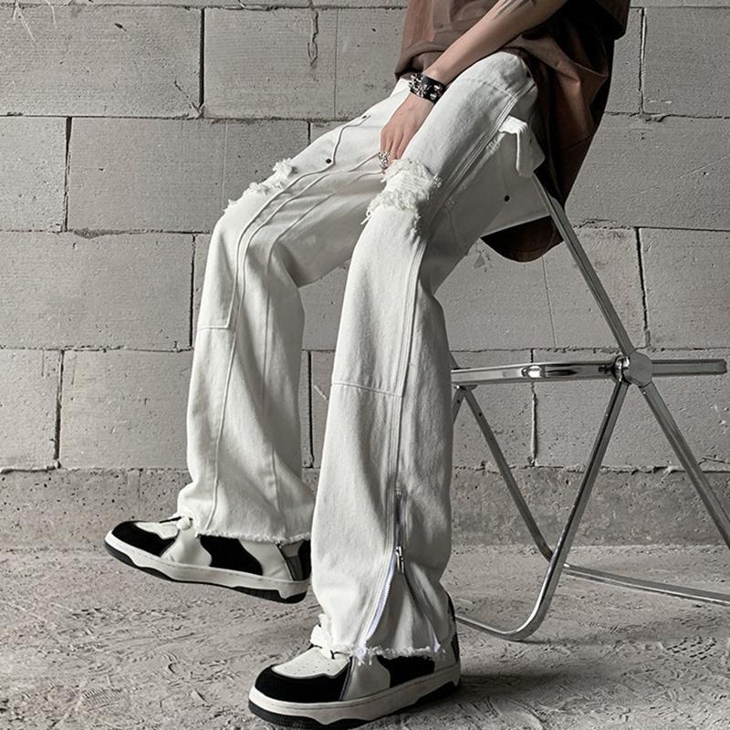 Sopula Trendy Retro Street Ripped Zipper Patchwork Slim Fit Bootcut Jeans Product Image