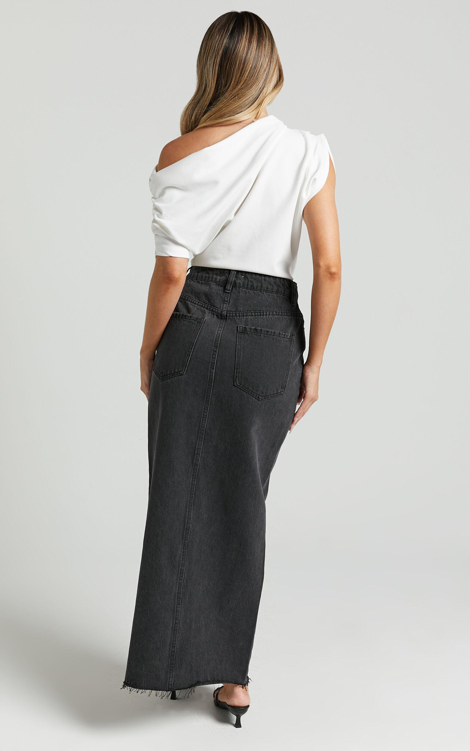 Kira Midi Skirt - Front Split Denim Skirt in Washed Black Product Image
