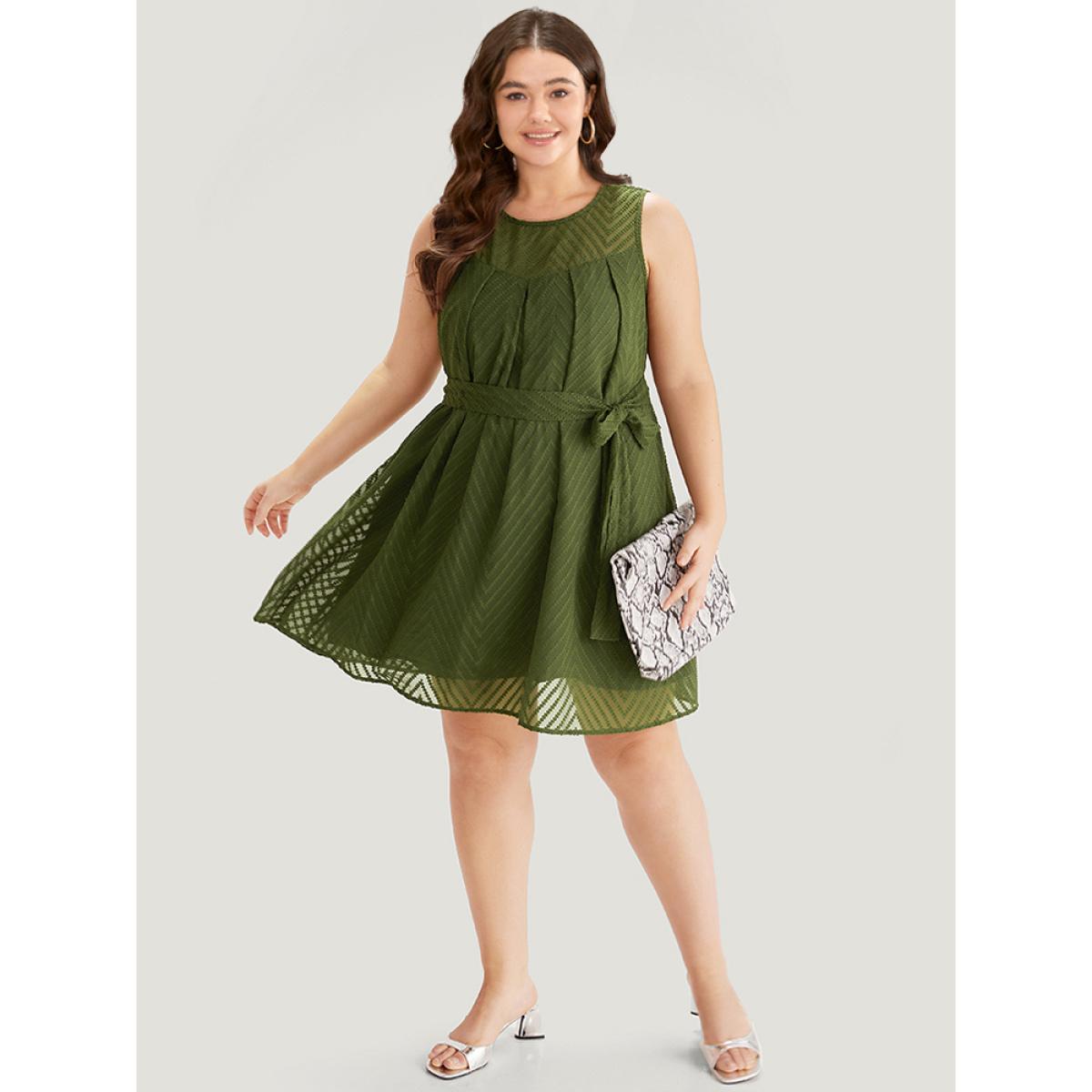 Plus Size Plisse Mesh Patchwork Belted Pleated Dress ArmyGreen Women Office Texture Round Neck Sleeveless Curvy Knee Dress BloomChic 28/5X Product Image