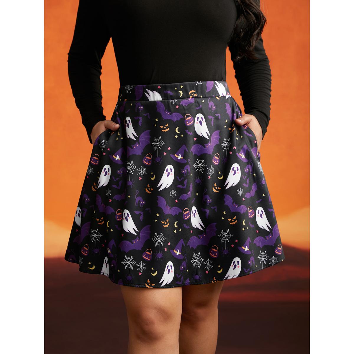 Plus Size Spooky Ghost Printed A-Line Mini Skirt Women Black Cocktail Contrast No stretch Slanted pocket Party Skirts BloomChic 12/L Product Image
